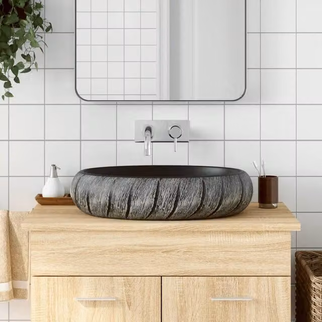 Berkfield Home Oval Ceramic Countertop Basin in Black and Grey, W: 59 cm, D: 40 cm, H: 15 cm – 1