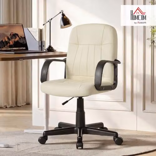 HOMCOM Swivel Executive Office Chair for Adults in Cream White Faux Leather with Armrests and Castors – 4