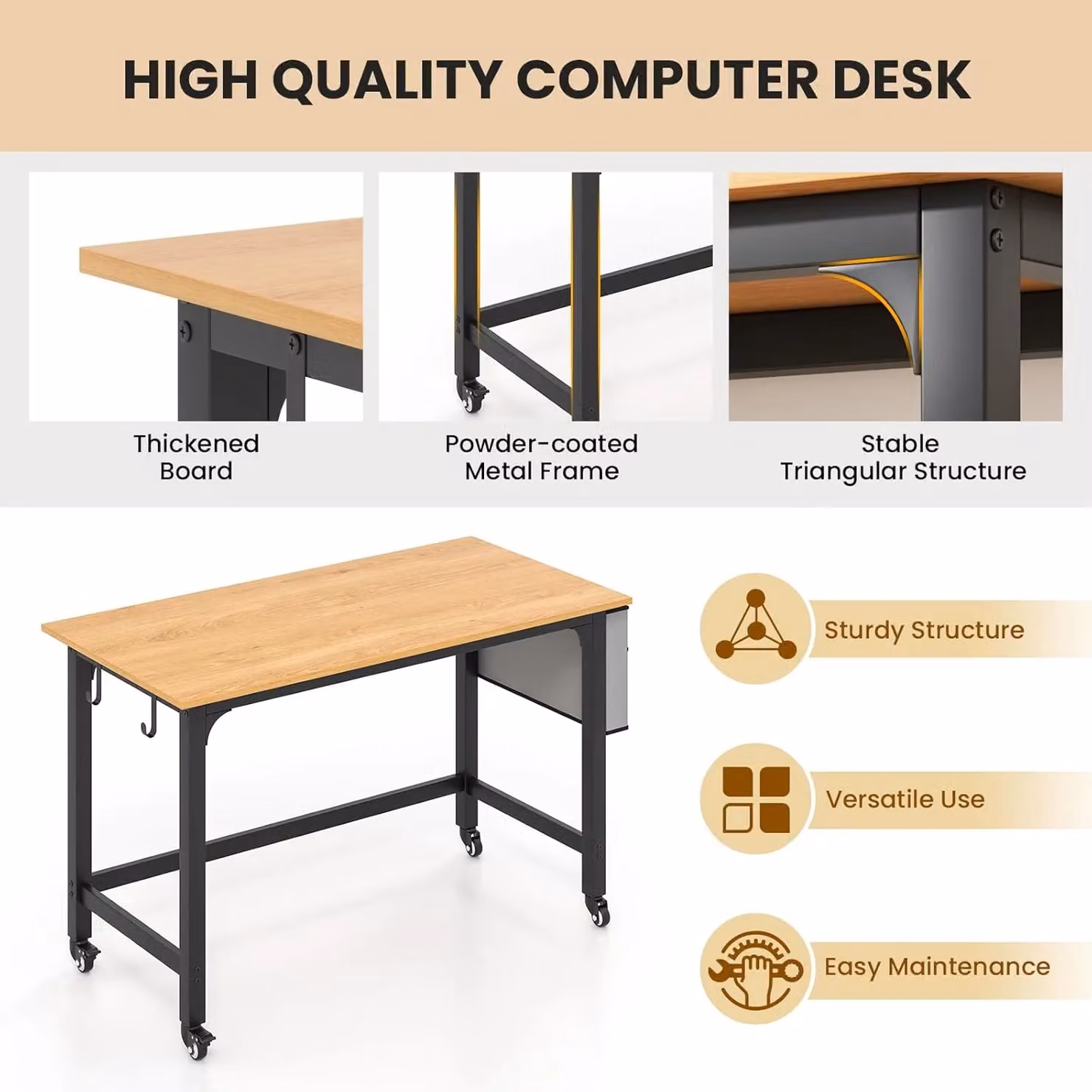 Gymax Rolling Office Desk with Lockable Wheels, Detachable Bag and Headphone Hooks in Brown – 4