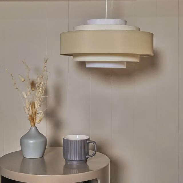 ValueLights Cream and Beige Fabric Cylinder Ceiling Pendant Shade with Warm White B22 Bulb, H 35.0 cm x W 19.5 cm