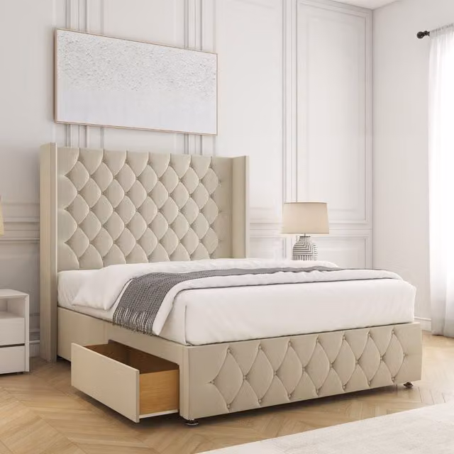 BSSPOKE Ruby Divan Bed with 54 inch Headboard and 2 Drawers in Cream Plush Velvet, Size: Double (W/D/H: 140 x 200 cm)