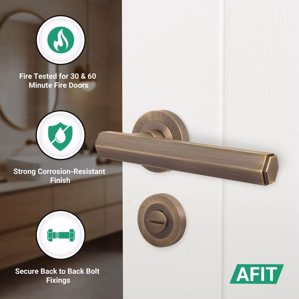 AFIT Antique Brass Fire Door Handle Bathroom Set in Bronze with 80mm Lock and 102mm Hinges, W/D/H: 15 x 15 cm – 2
