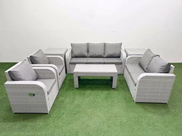 Fimous PE Rattan Garden Furniture Set in Light Grey with Adjustable Sofa, Double Love Seat, Rectangular Coffee Table and 2 Side Tables