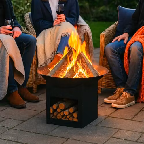 Jack Stonehouse Black Metal Square Fire Pit with Log Store, Diameter: 57 cm