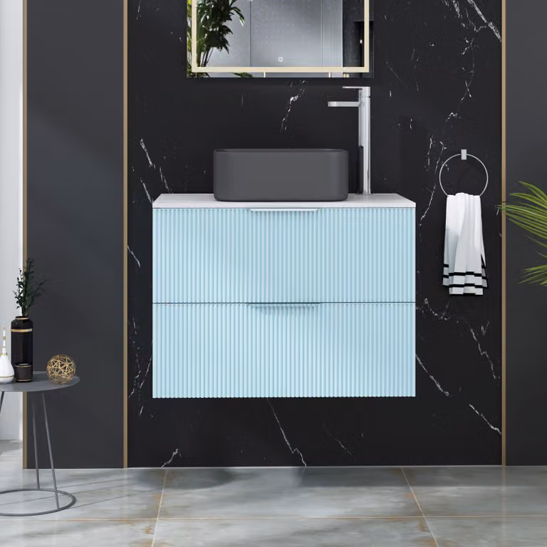 Royal Bathrooms Evora 700mm Powder Blue Fluted Wall Hung Countertop Vanity Unit with 2 Drawers and Art Square Basin
