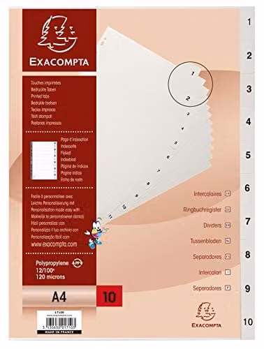 Exacompta Grey Recycled PP A4 Dividers with 10 Numbered Tabs 1-10
