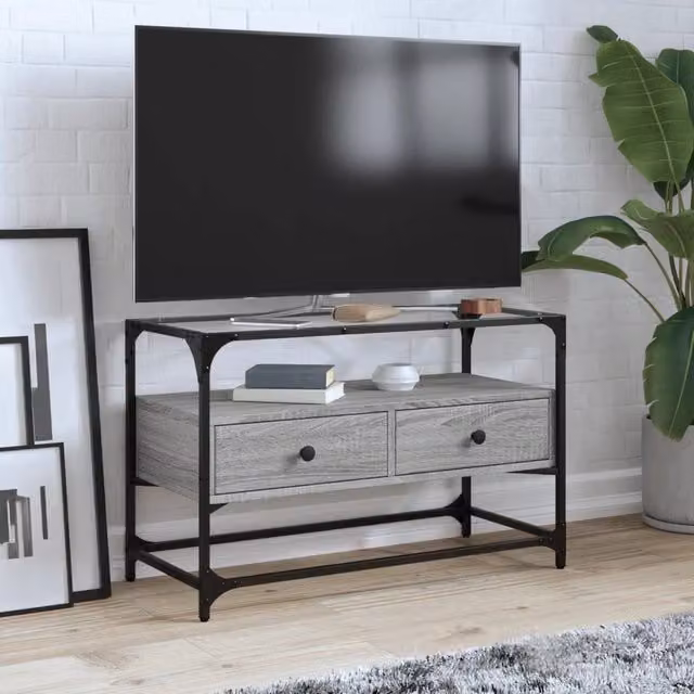 Berkfield Home Industrial TV Cabinet with Glass Top in Grey Sonoma, W/D/H: 80 x 35 x 51 cm – 1