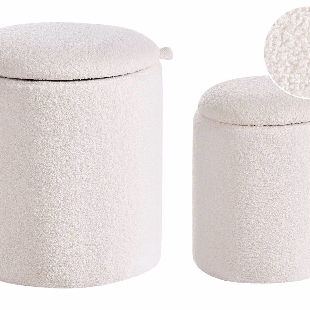 Wyld and Coco Set of 2 White Bouclé Cylindrical Pouffe Ottomans with Hidden Storage – 2