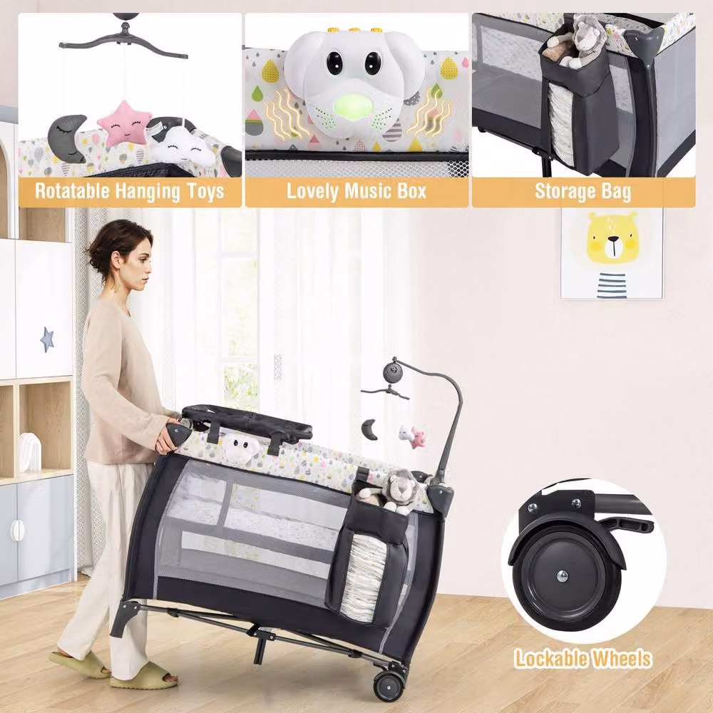 Costway 3 in 1 Foldable Baby Activity Center Playpen with Diaper Changing Table, Grey – 3