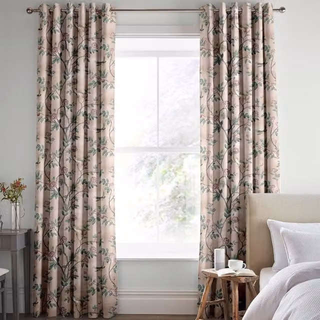 Laura Ashley Eglantine Made to Measure Blackout Floral Cotton Eyelet Curtains in Blush Pink