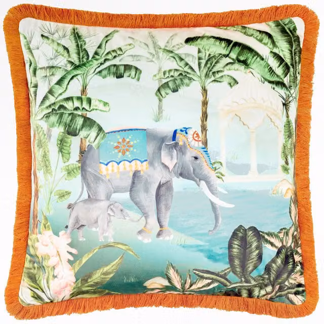 Make It A Home Odisha Scene Printed Velvet Cushion in Multicolour with Feather and Polyester Filling