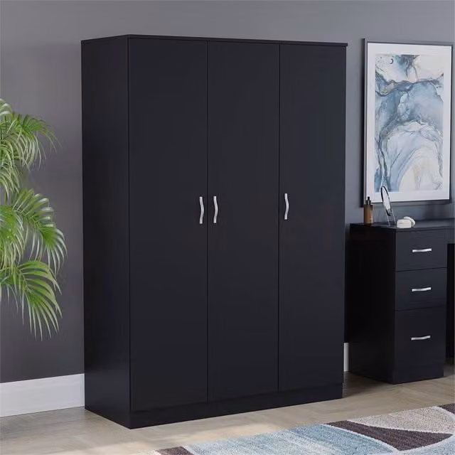 FORGEVIO Black Modern 3 Door Wooden Wardrobe with Internal Shelves and Hanging Rod – 1