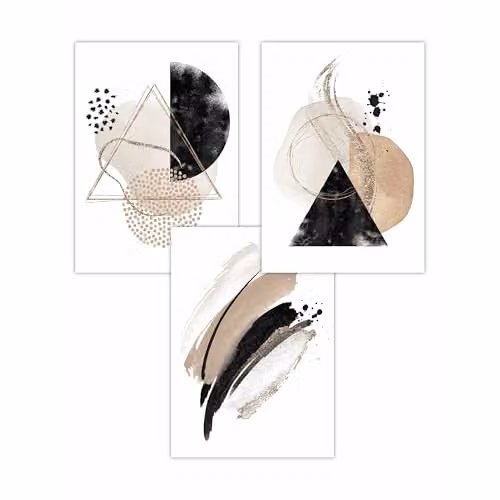 ARTZE Set of 3 Abstract Black and Beige Watercolour Shape Art Posters, W: 42 cm, H: 59 cm – 2