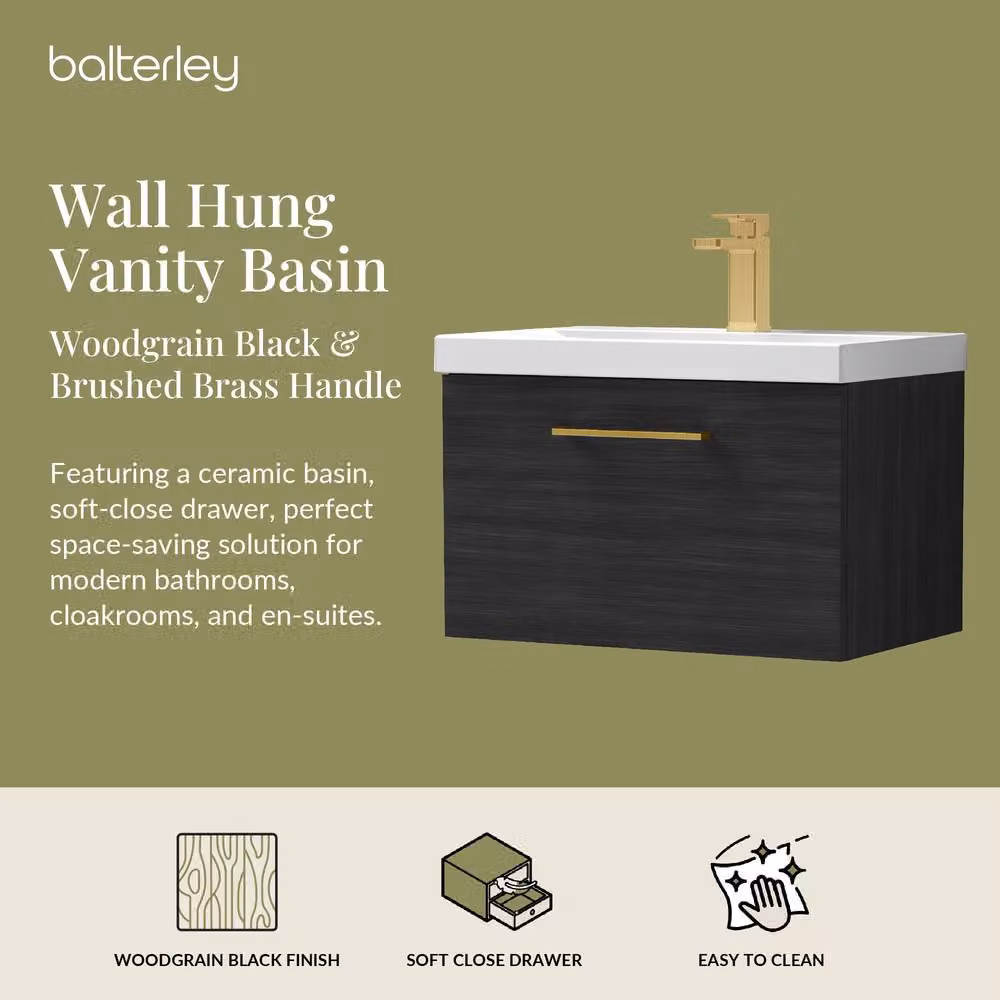 Balterley 600mm Wall Hung 1 Drawer Vanity Unit in Woodgrain Black with Black Brass Handle – 2