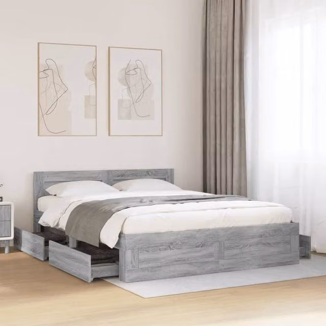Berkfield Home Grey Sonoma Bed Frame with Headboard and Drawers W: 160 cm, L: 200 cm