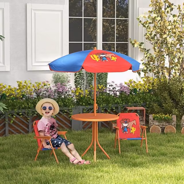 Outsunny Kids Cowboy Bistro Table and Chair Set with Adjustable Parasol in Red