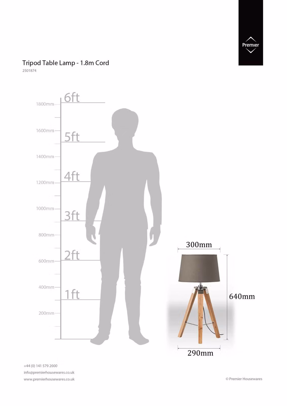 Orsina Modern Tripod Table Lamp with Grey Fabric Shade and Wood and Black Metal Base, H 66 cm x W 30 cm x D 30 cm – 2