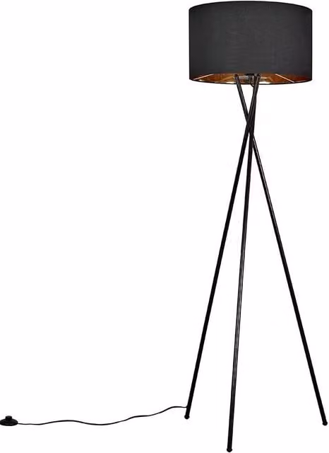 ValueLights Camden Black Tripod Floor Lamp with Gold and Black Fabric Cylinder Shade and Bulb