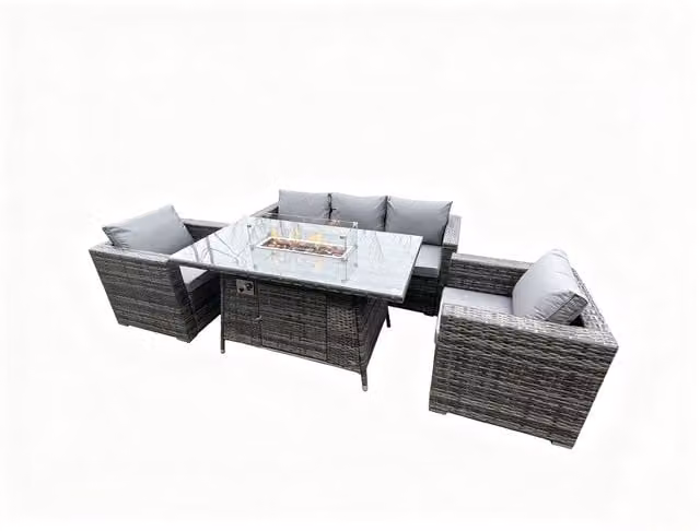 Fimous 5 Seater Outdoor PE Rattan Garden Furniture Set with Gas Fire Pit Dining Table in Dark Grey Mixed