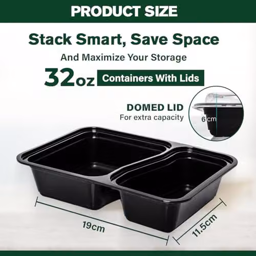 ECONX 50 Pack Black 2 Compartment Meal Prep Food Containers with Airtight Lids, 32oz Plastic Bento Lunch Boxes, Microwave and Dishwasher Safe – 4