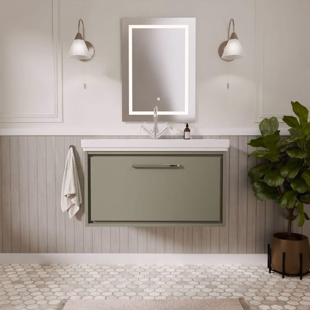 Balterley Wall Hung Single Drawer Bathroom Vanity with Fireclay Basin, Green, W: 80 cm – 2