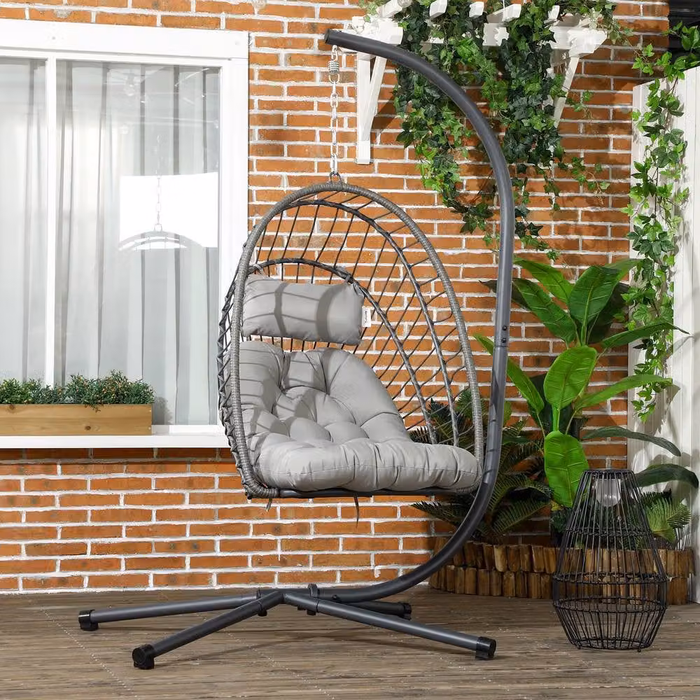 ERGOVEXA Modern Outdoor PE Rattan Egg Swing Chair with Stand and Cushions, Light Grey – 4