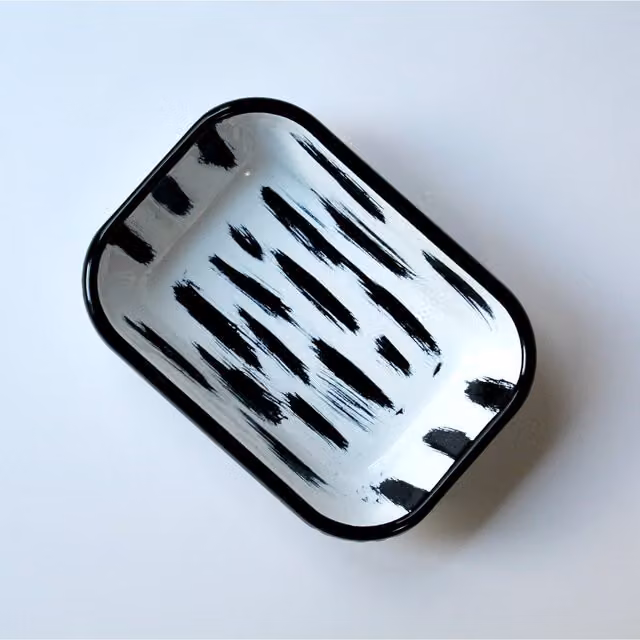 Elifle Striped Enamel Rectangular Tapas Antipasti Mezze Platter, White and Black, 16 cm