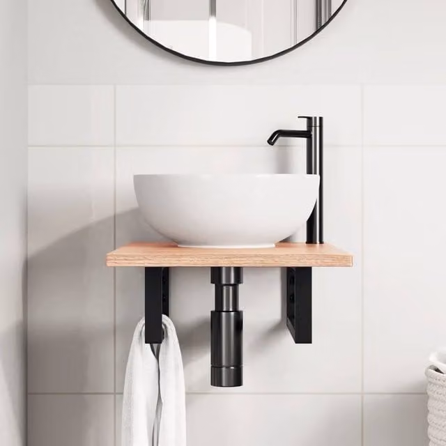 Berkfield Home Elegant Wall Mounted Basin Shelf in Black Metal and Light Brown Oak Wood, W: 60 cm, D: 40 cm