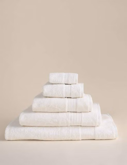 M&S Egyptian Cotton Fluffy Quick Drying Towel in White/Beige