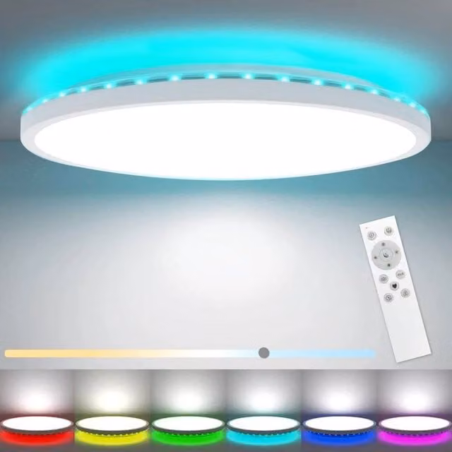 FLAVORA Round LED Ceiling Light and Downlight in White with Remote Control, Dimmable RGB, and Timer Function – 1
