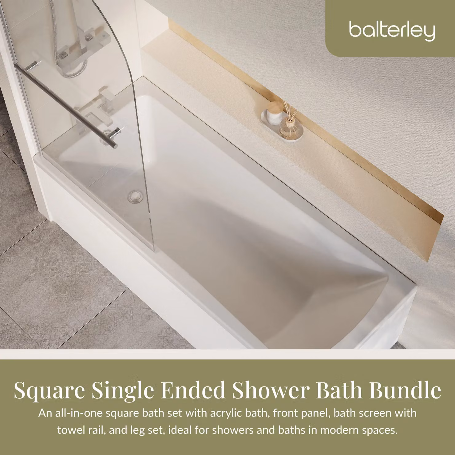 Balterley Square Single Ended Bath with White Panel and Chrome Straight Glass Screen and Rail, W: 1700 cm, D: 700 cm – 2