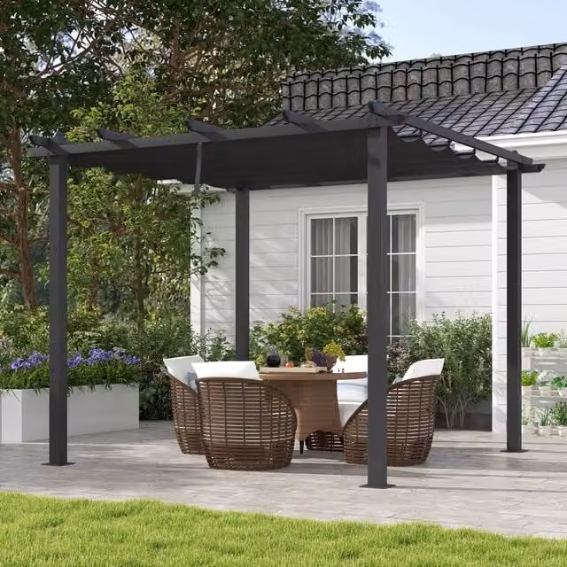 Outsunny Aluminium Pergola with Retractable Roof in Grey, W: 300 cm, D: 300 cm, H: 300 cm