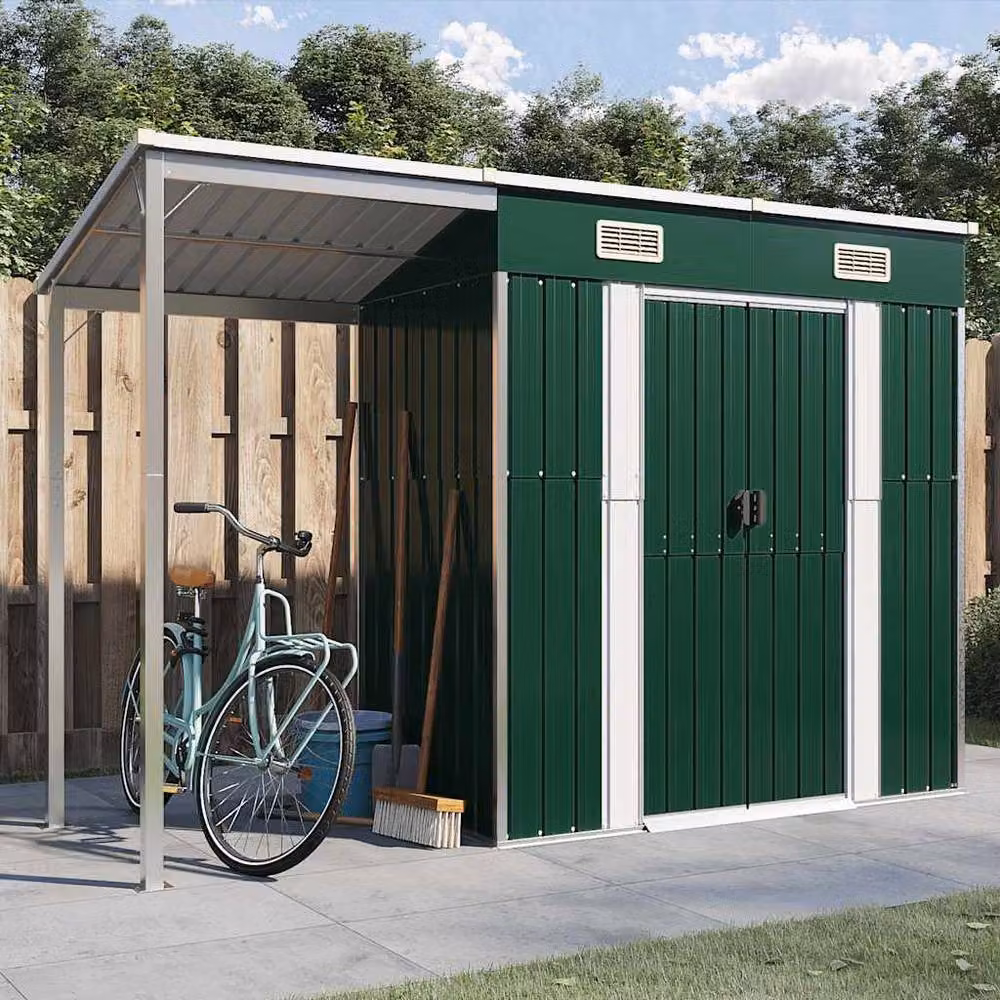 Berkfield Home Garden Shed with Extended Roof, Green, W/D/H: 277 x 110.5 x 181 cm, Galvanised Steel – 2