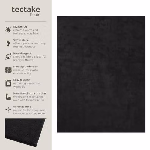 tectake Black Short-Pile Fluffy Rug, Allergy-Friendly, Washable and Non-Slip, W/D/H: 140 x 200 x 1.5 cm – 2