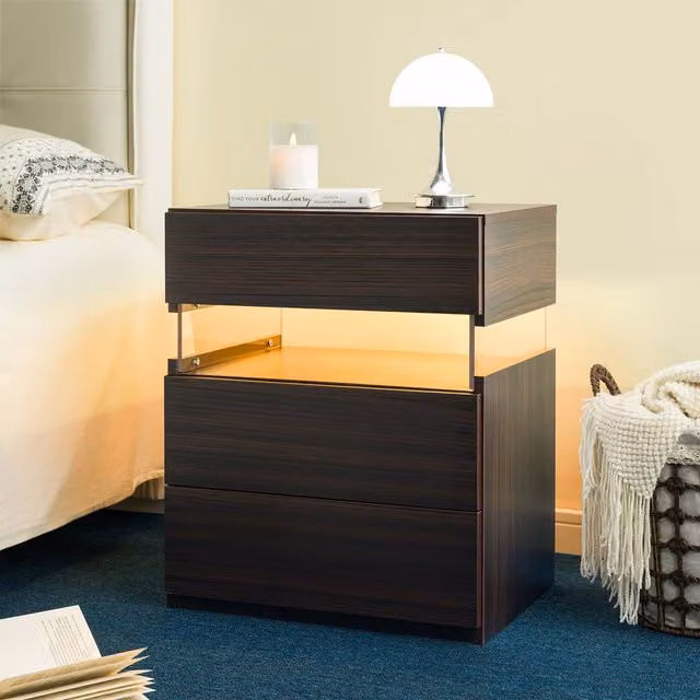 Direct Wicker Walnut Bedside Table with 3 Drawers, Acrylic Board and Integrated LED Lighting