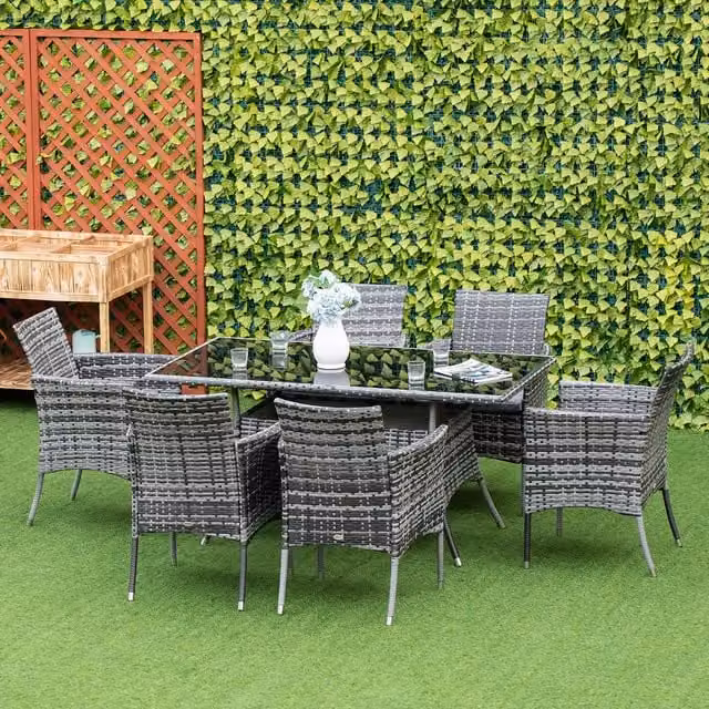 Outsunny Modern Grey Rattan Wicker Cube Dining Set with Metal and Glass Details
