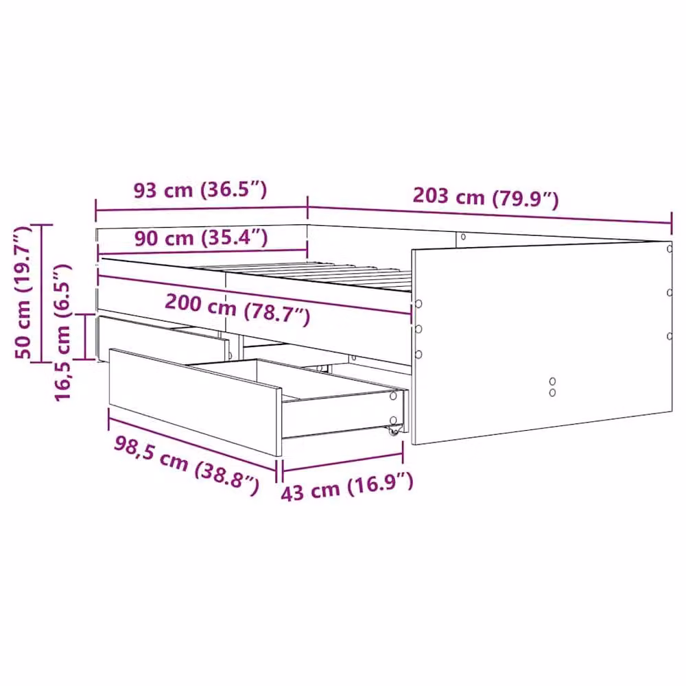 Berkfield Home Black Oak Bed Frame with Drawer in Solid Pine Wood, W/D/H: 90 x 200 cm – 5
