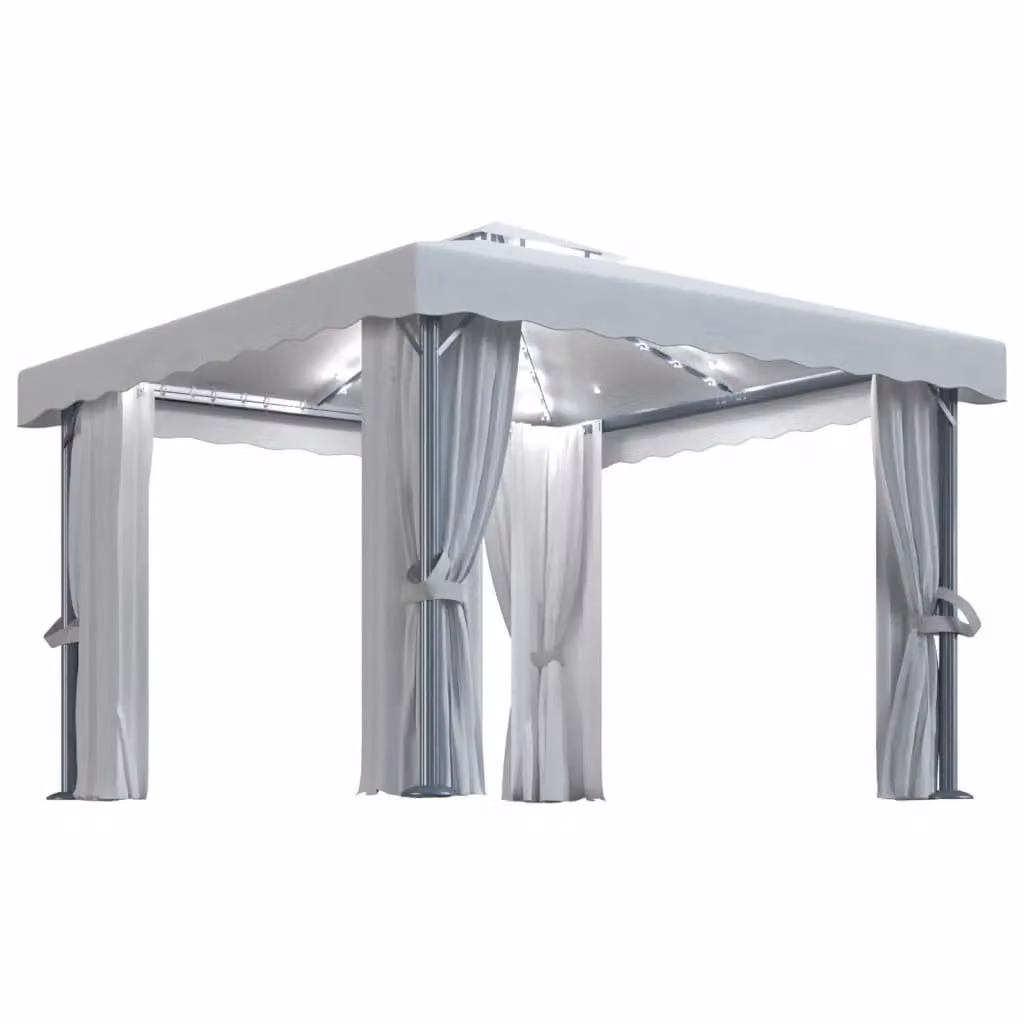 Berkfield Home Gazebo with Curtains and LED String Lights, Cream White and Beige, W/D: 3 x 3 m