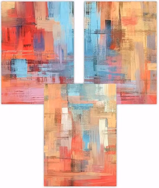 ARTZE Set of 3 Geometric Abstract Strokes Art Posters in Red and Multicolour, W: 42 cm, H: 59 cm