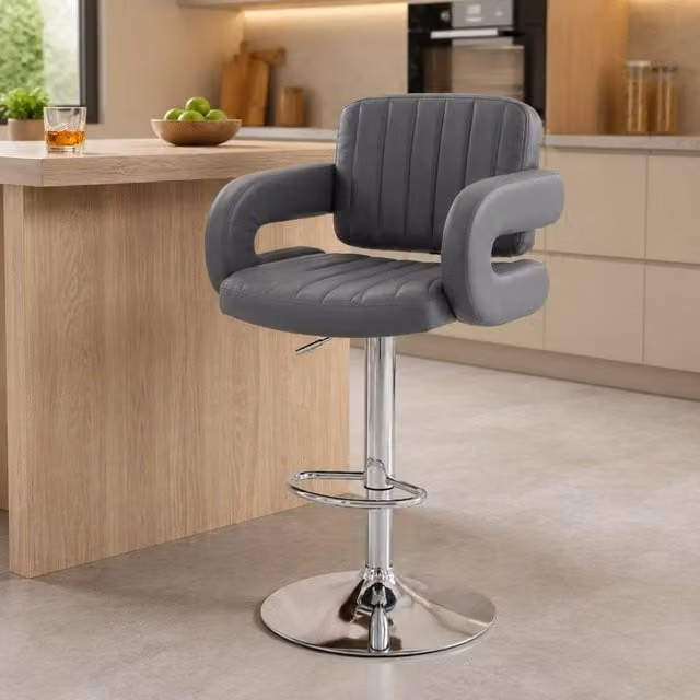 STILVORA Set of 2 Grey Synthetic Leather Bar Stools with 360 Degree Swivel and Adjustable Height – 1