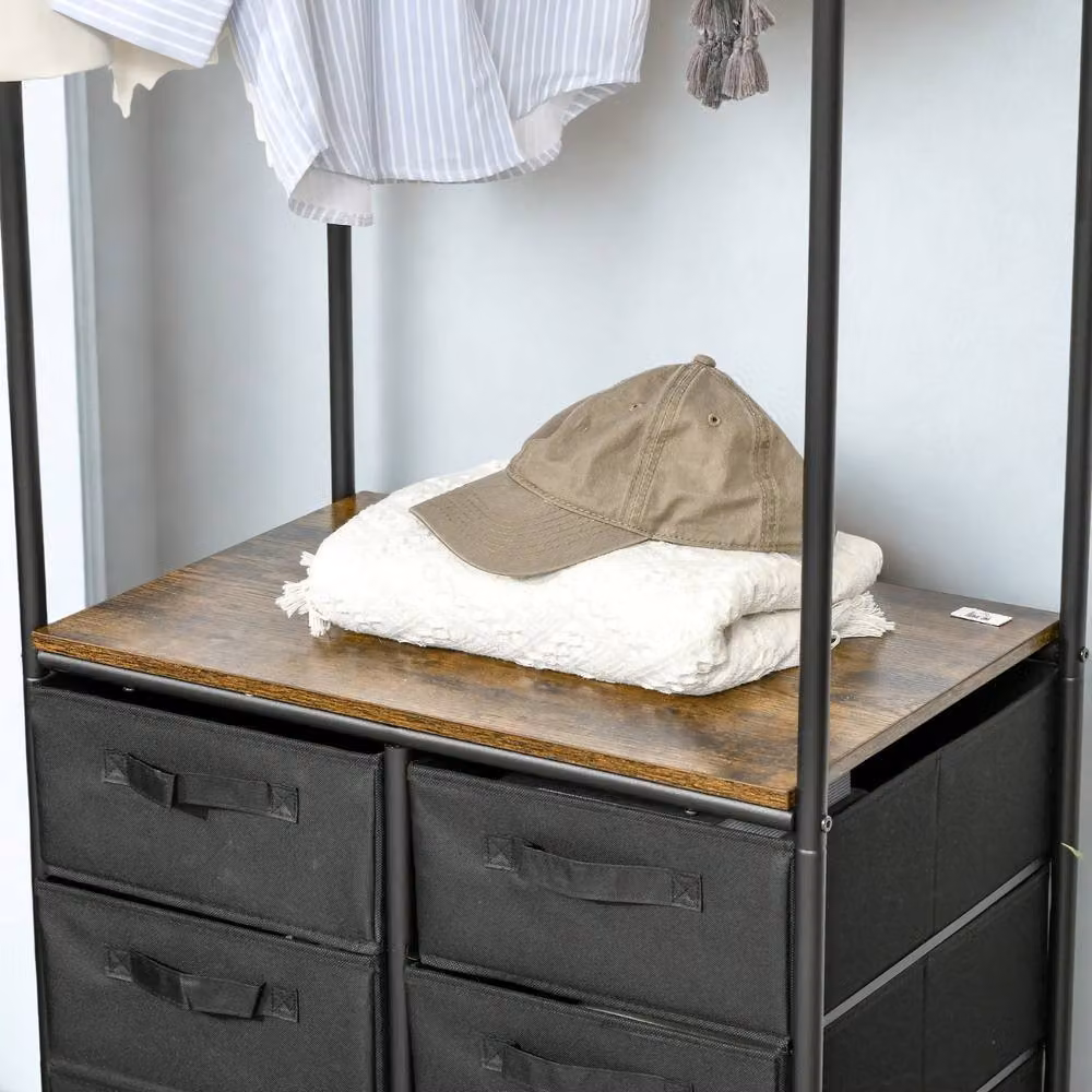 FURNOS Open Wardrobe Clothes Rail with Storage Drawers on Wheels, Brown, H 172.5 x W 100 x D 40 cm – 3
