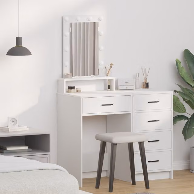 Berkfield Home White Dressing Table with Hollywood LED Lights, W: 50 cm, D: 41 cm, H: 140 cm