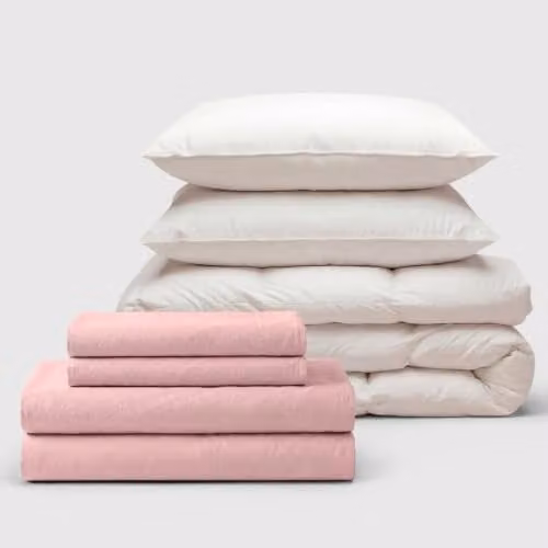 Bedable 100% Cotton Percale Bedding Bundle in Pink, including Duvet Cover, Fitted Sheet, Duvet and 2 Pillows – 1