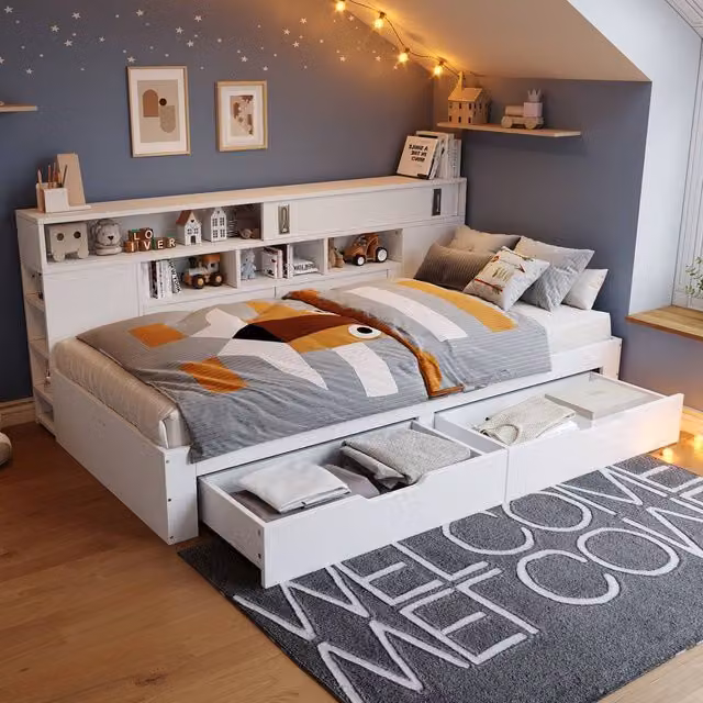 BTM Single Storage Sofa Bed with Drawers, Shelves and Cabinets in White