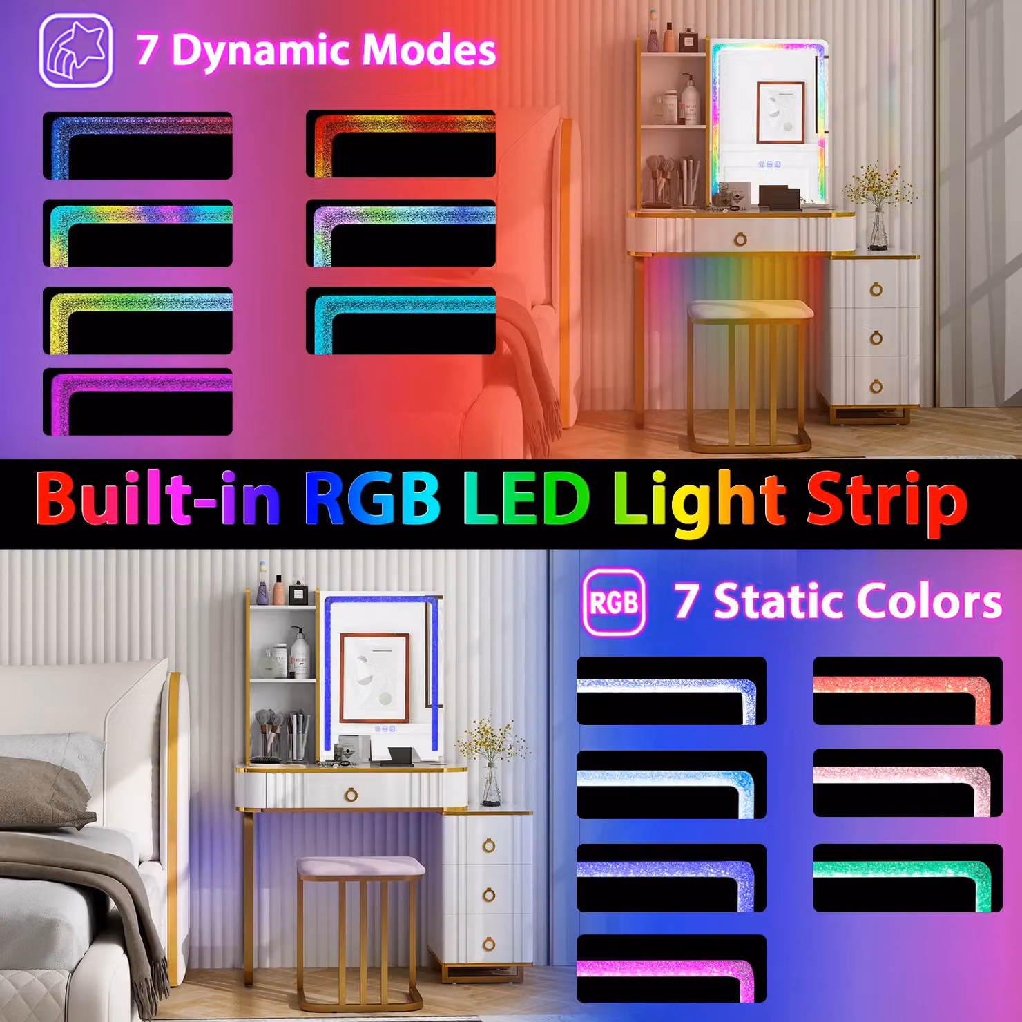 Costway RGB Hollywood LED Vanity Table Set with Mirror and Lights in White – 3