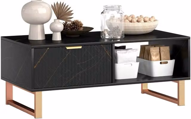PAWNORA Modern Black Rectangular Coffee Table with Drawer – 1