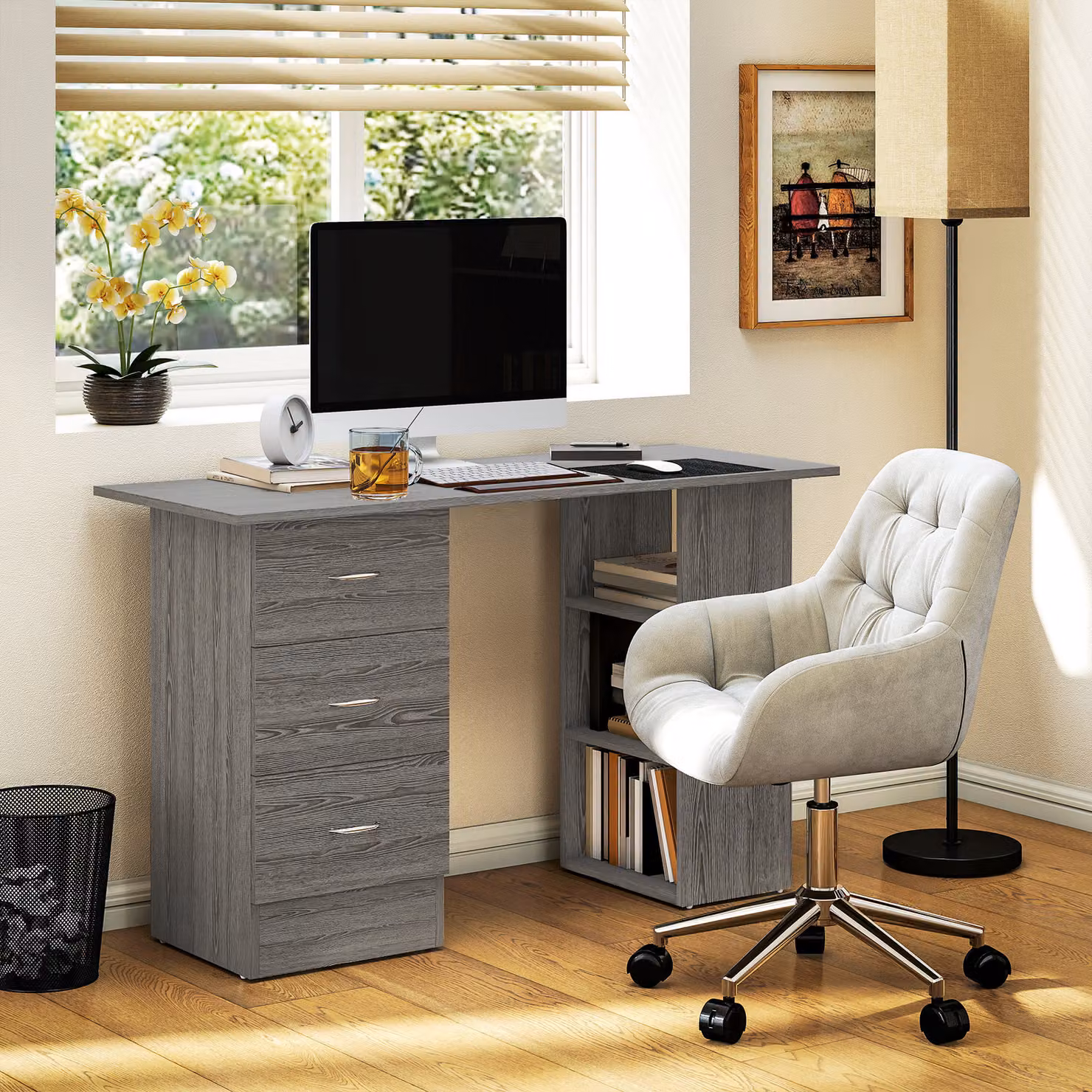HOMCOM Grey Computer Desk and Writing Table with 3 Storage Shelves and Drawers for Home Office – 2