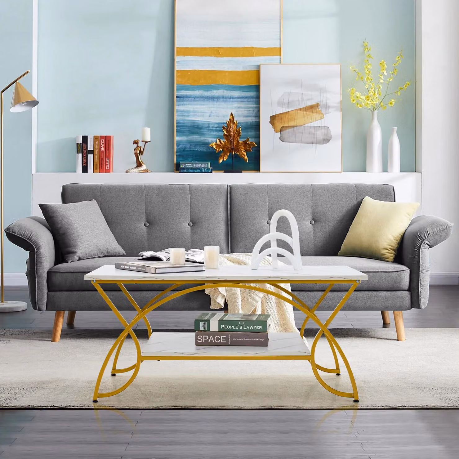 Gymax 2-Tier Rectangular Coffee Table with White Faux Marble Top and Gold Finish – 4