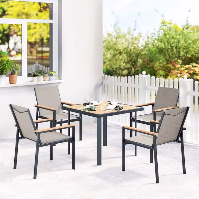 Outsunny 5 Piece Modern Garden Dining Set with Table and 4 Chairs in Khaki Mesh Fabric