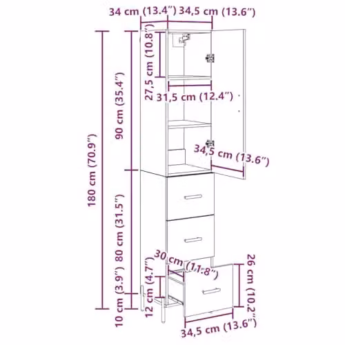 vidaXL Modern Black Tall Unit with Hinged Doors and Internal Shelves, W/D/H: 34.5 x 34 x 180 cm – 3